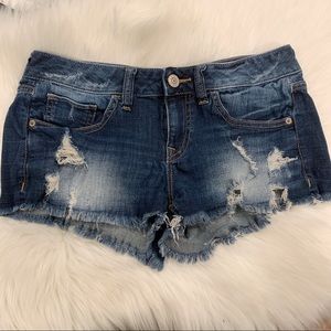 EXPRESS | Distressed Stretch Dark Wash Jean Shorts